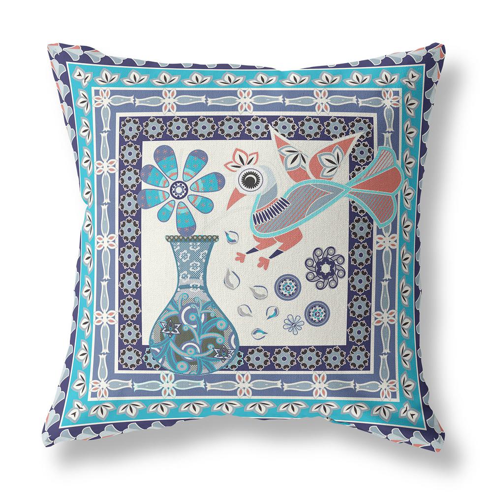 16" x 16" Blue, Off White Peacock Blown Seam Floral Indoor Outdoor Throw Pillow. Picture 1