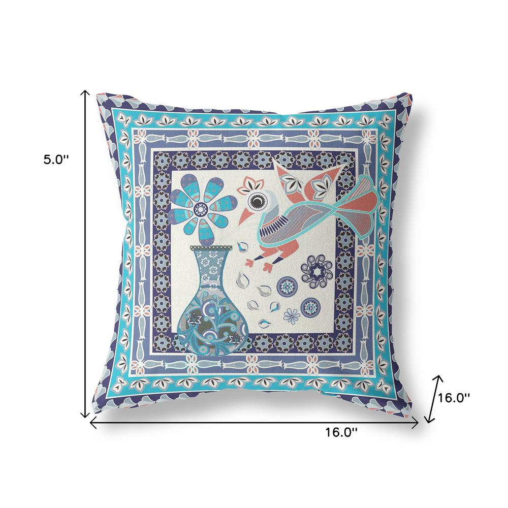 16" x 16" Blue, Off White Peacock Blown Seam Floral Indoor Outdoor Throw Pillow. Picture 7