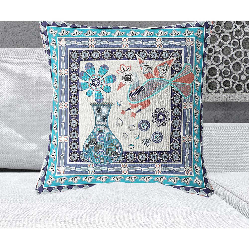 26" x 26" Blue, Off White Peacock Blown Seam Floral Indoor Outdoor Throw Pillow. Picture 2