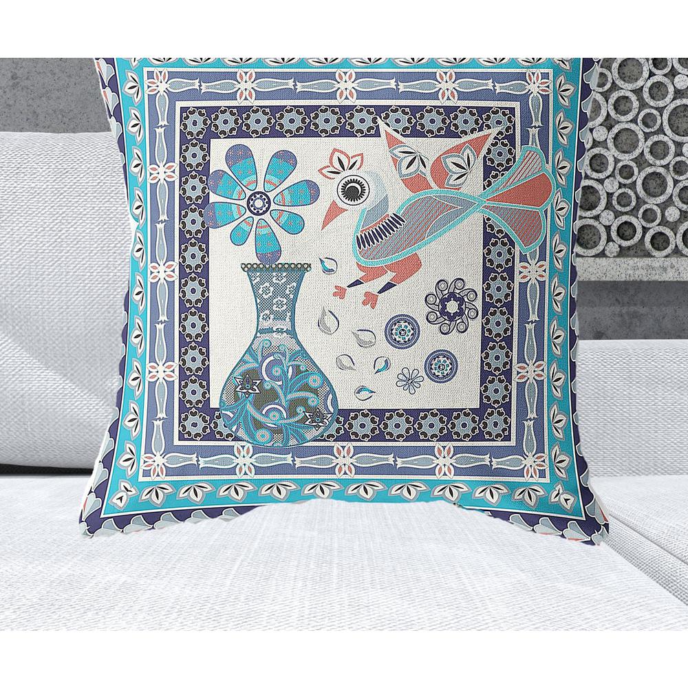 28" x 28" Blue, Off White Peacock Blown Seam Floral Indoor Outdoor Throw Pillow. Picture 2