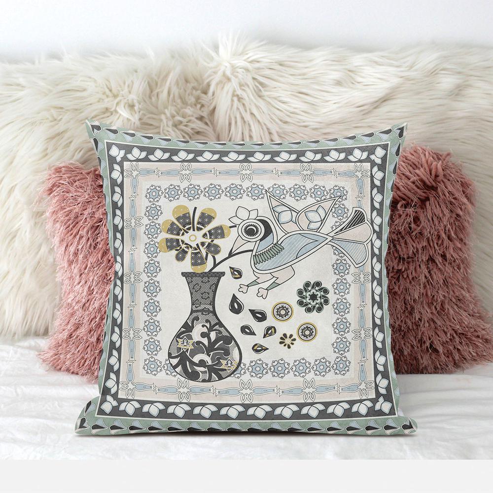20" x 20" Cream Peacock Blown Seam Floral Indoor Outdoor Throw Pillow. Picture 3