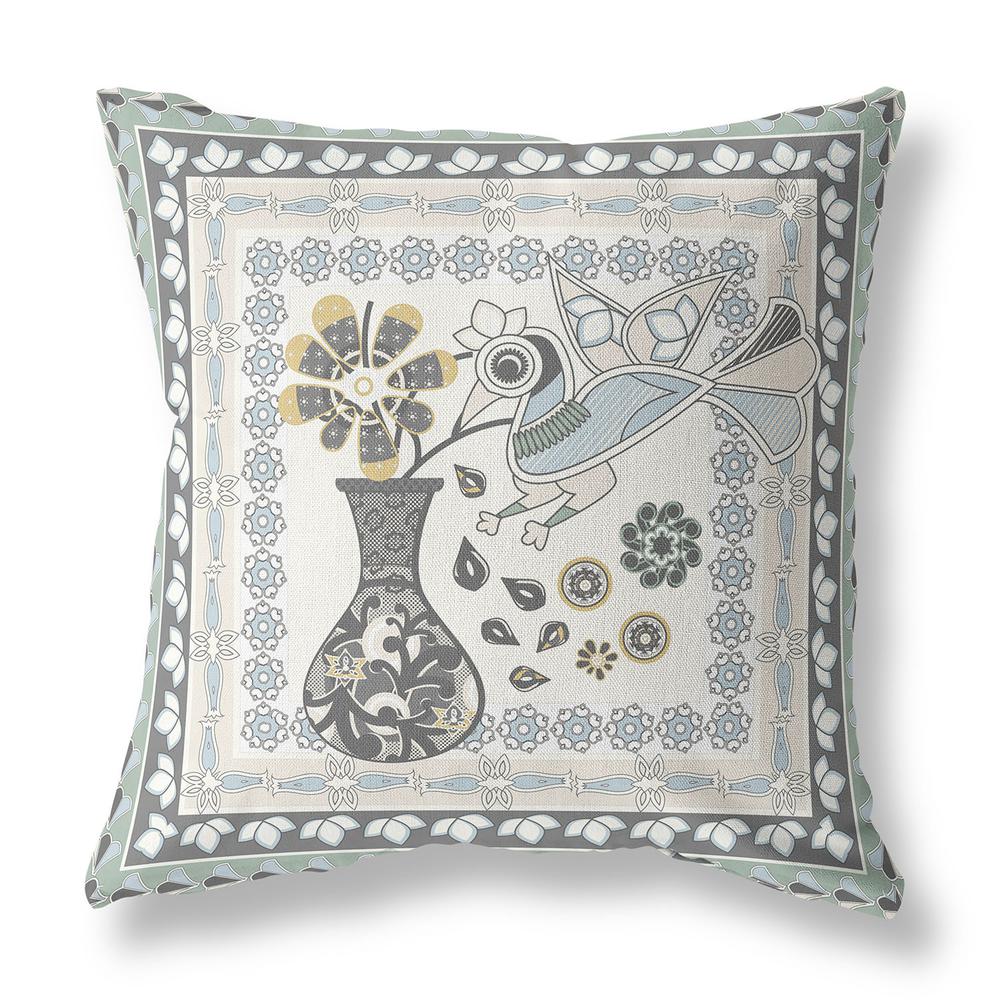 20" x 20" Cream Peacock Blown Seam Floral Indoor Outdoor Throw Pillow. Picture 1