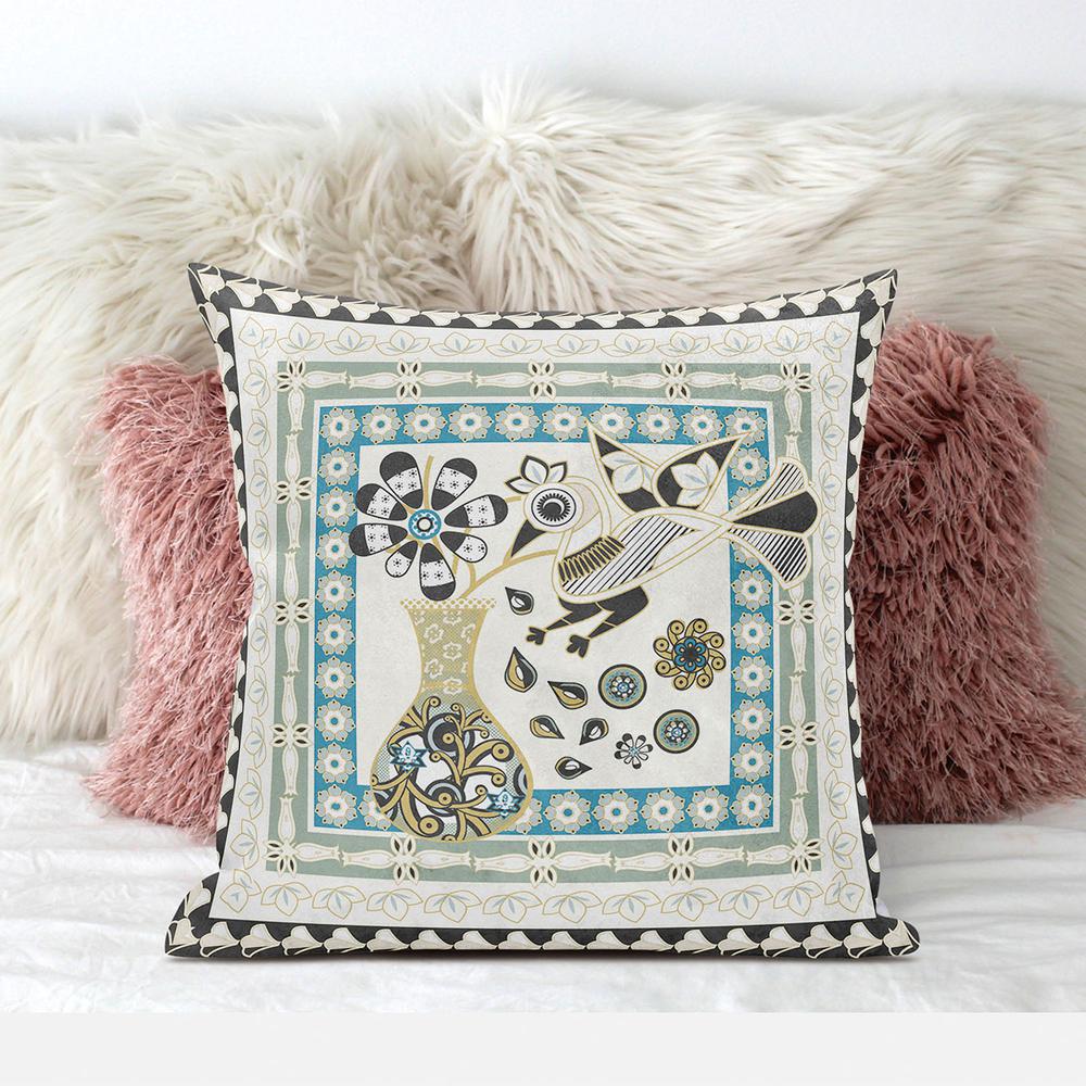 16" x 16" Cream Peacock Blown Seam Floral Indoor Outdoor Throw Pillow. Picture 3