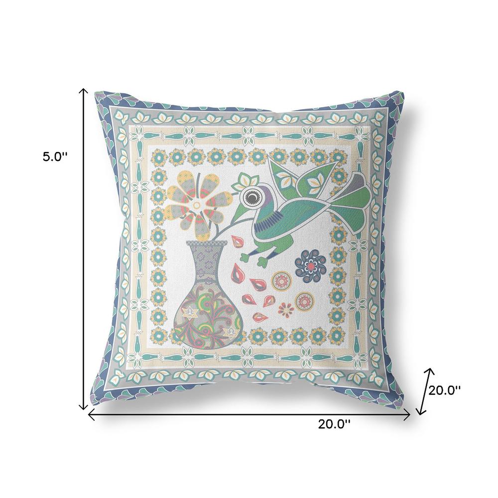 20" x 20" Cream Peacock Blown Seam Floral Indoor Outdoor Throw Pillow. Picture 7