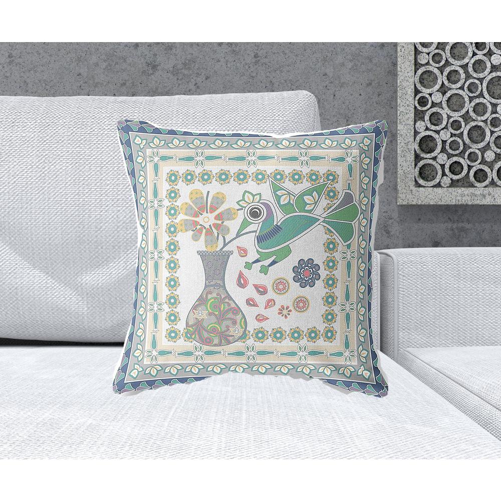 20" x 20" Cream Peacock Blown Seam Floral Indoor Outdoor Throw Pillow. Picture 2