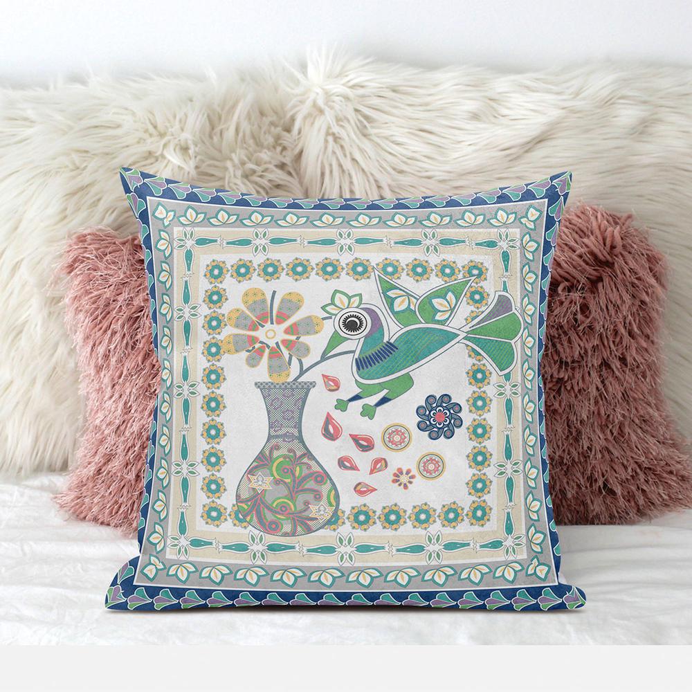 26" x 26" Cream Peacock Blown Seam Floral Indoor Outdoor Throw Pillow. Picture 3