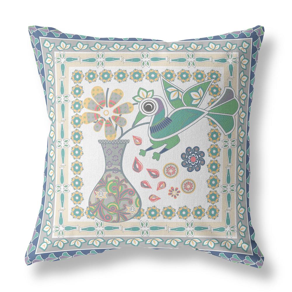 26" x 26" Cream Peacock Blown Seam Floral Indoor Outdoor Throw Pillow. Picture 1