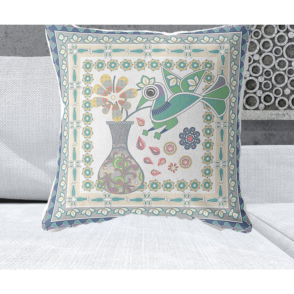 26" x 26" Cream Peacock Blown Seam Floral Indoor Outdoor Throw Pillow. Picture 2