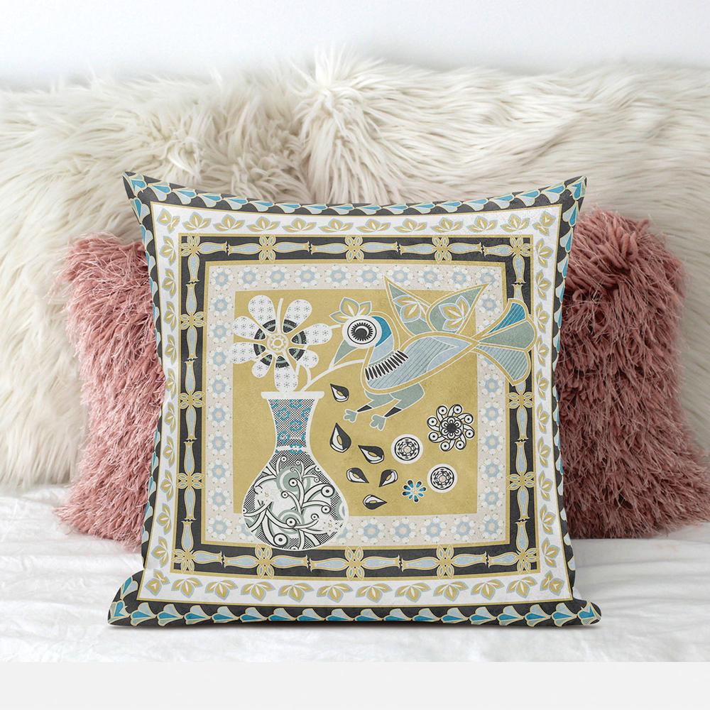 16" x 16" Beige and Black Peacock Blown Seam Floral Indoor Outdoor Throw Pillow. Picture 3