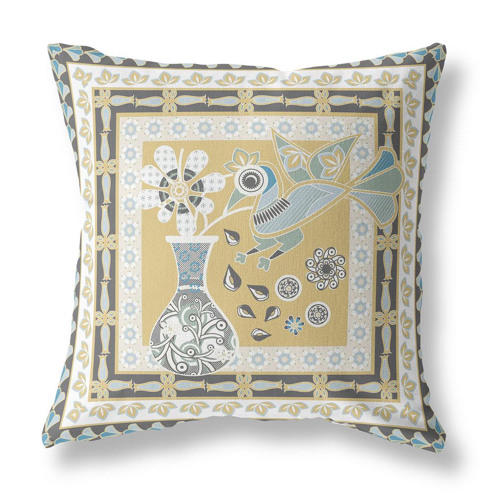 16" x 16" Beige and Black Peacock Blown Seam Floral Indoor Outdoor Throw Pillow. Picture 1