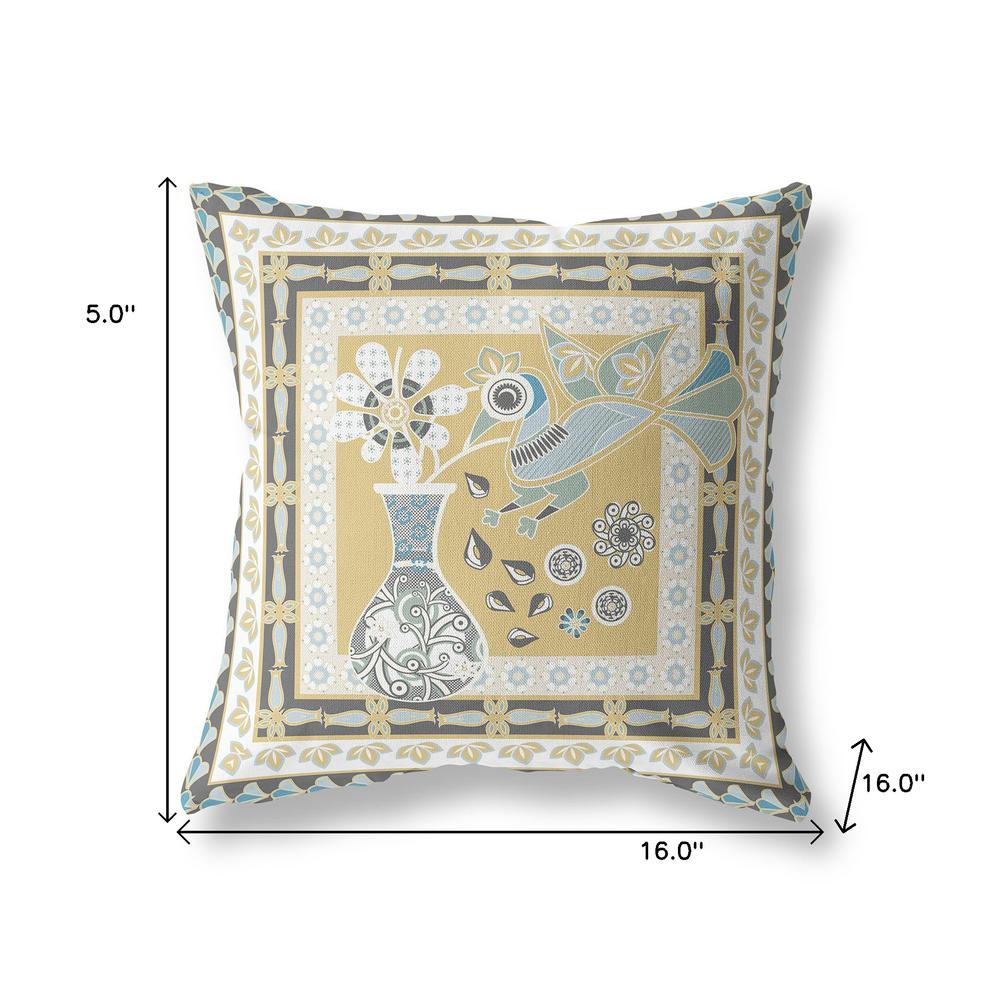 16" x 16" Beige and Black Peacock Blown Seam Floral Indoor Outdoor Throw Pillow. Picture 7