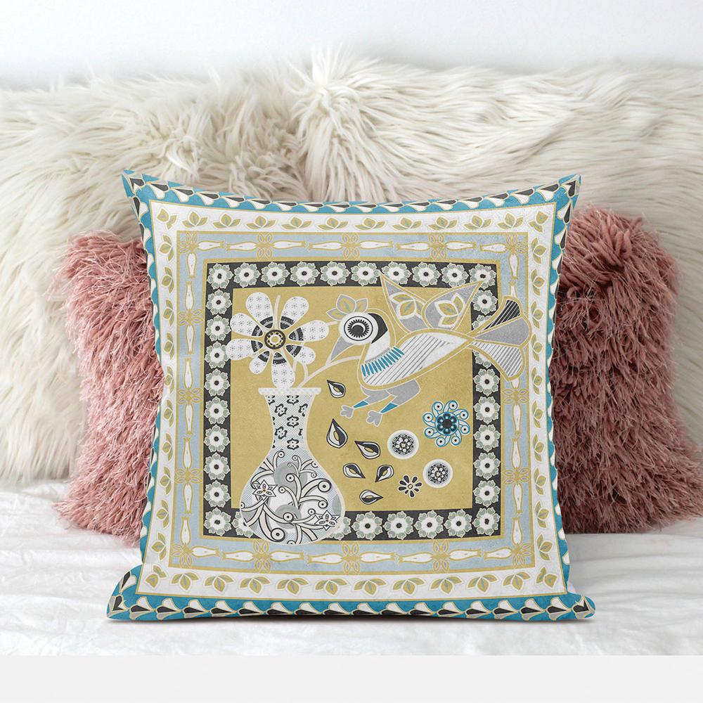 16" x 16" Beige and White Peacock Blown Seam Floral Indoor Outdoor Throw Pillow. Picture 3