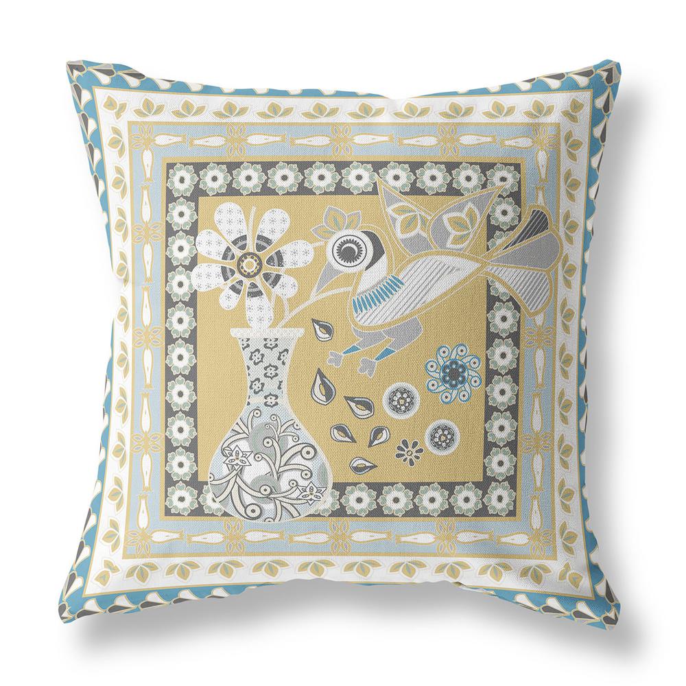 16" x 16" Beige and White Peacock Blown Seam Floral Indoor Outdoor Throw Pillow. Picture 1