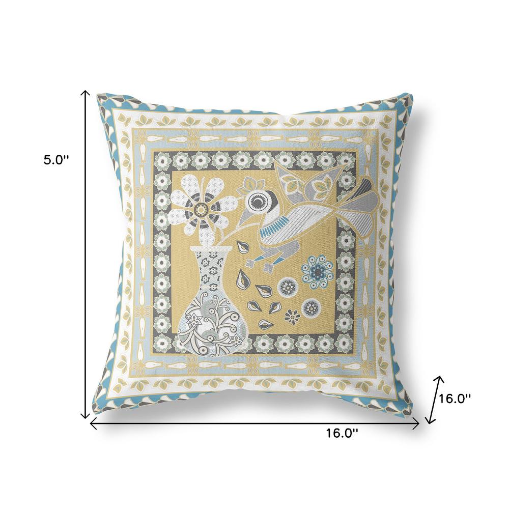 16" x 16" Beige and White Peacock Blown Seam Floral Indoor Outdoor Throw Pillow. Picture 7