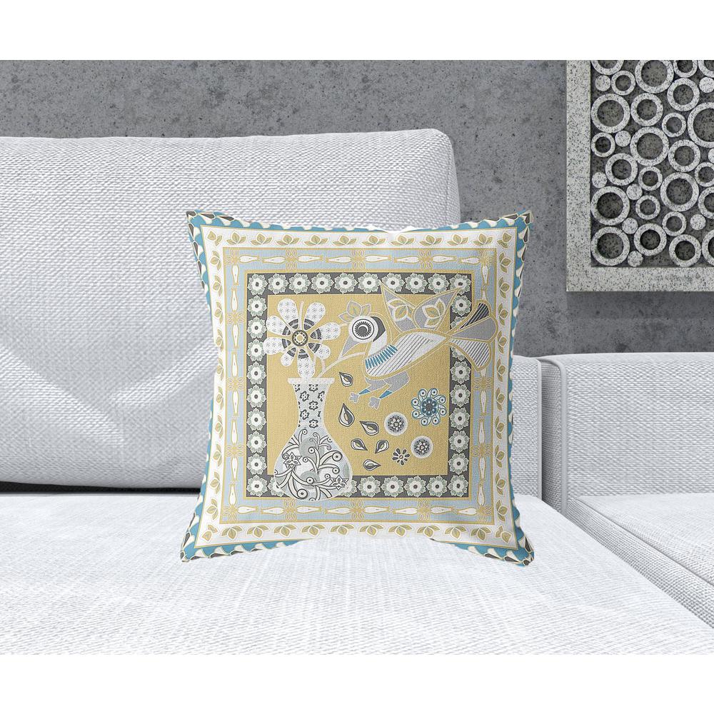 18" x 18" Beige and White Peacock Blown Seam Floral Indoor Outdoor Throw Pillow. Picture 2