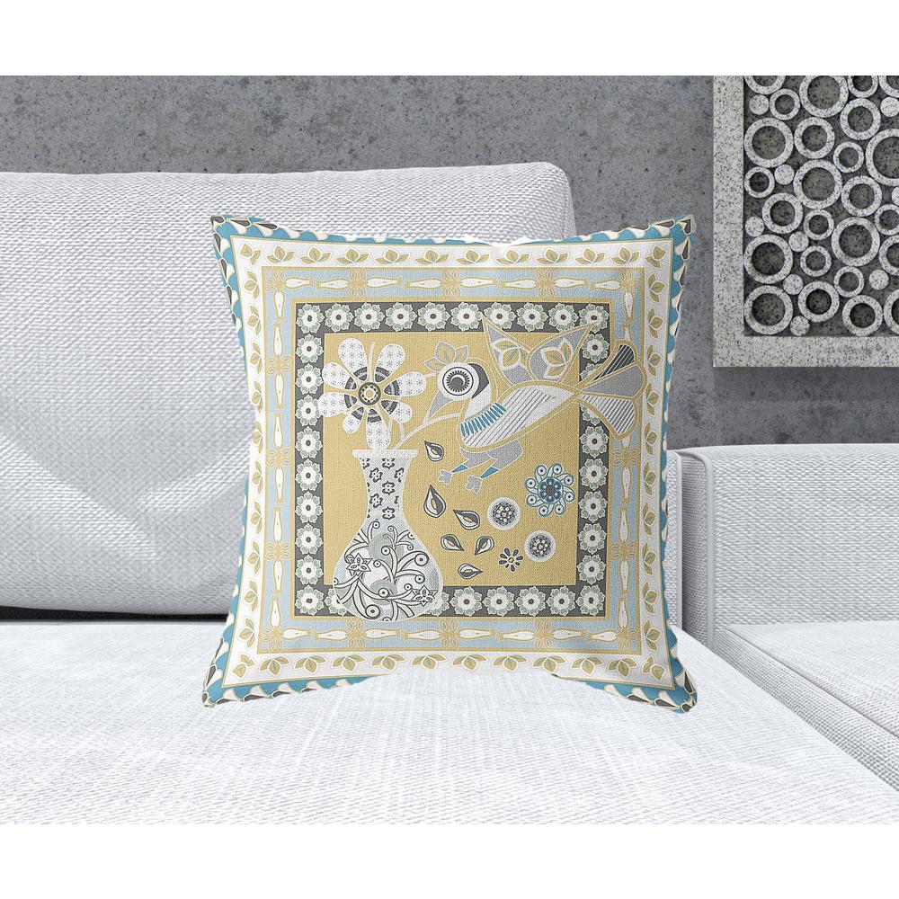 20" x 20" Beige and White Peacock Blown Seam Floral Indoor Outdoor Throw Pillow. Picture 2