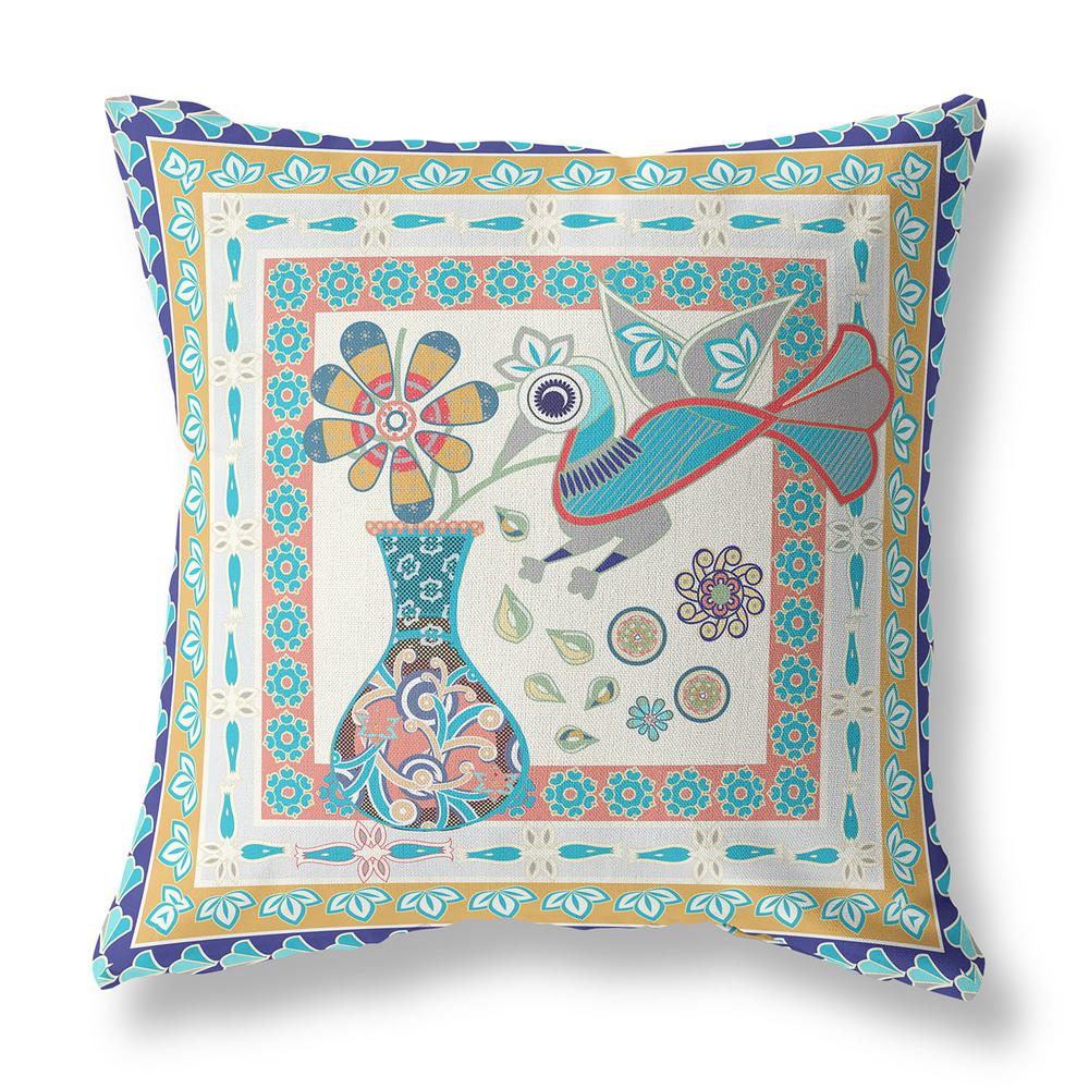 18" x 18" Blue and Beige Peacock Blown Seam Floral Indoor Outdoor Throw Pillow. Picture 1