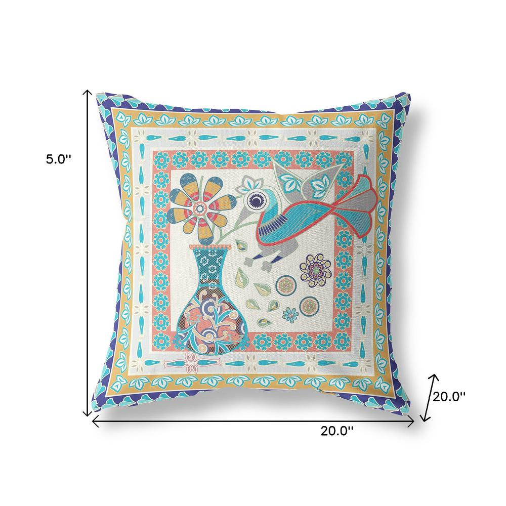 20" x 20" Blue and Beige Peacock Blown Seam Floral Indoor Outdoor Throw Pillow. Picture 7