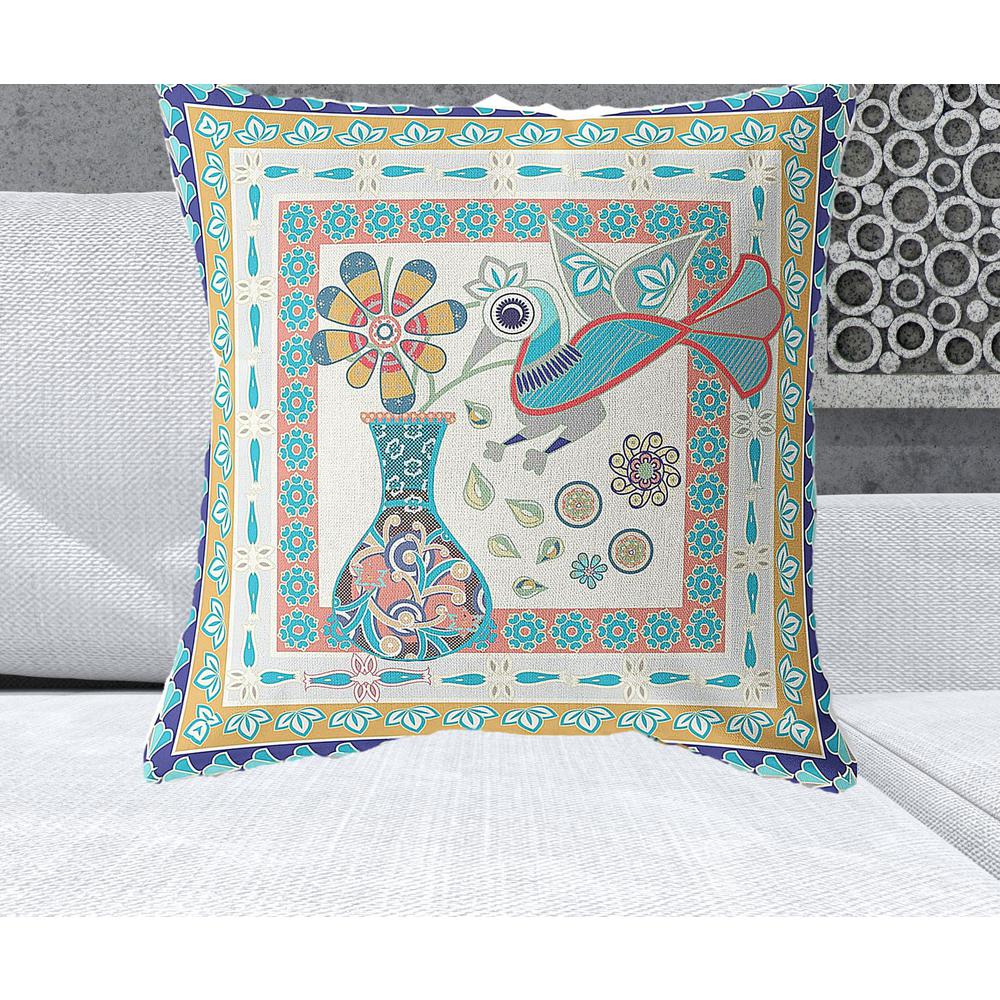 26" x 26" Blue and Beige Peacock Blown Seam Floral Indoor Outdoor Throw Pillow. Picture 2