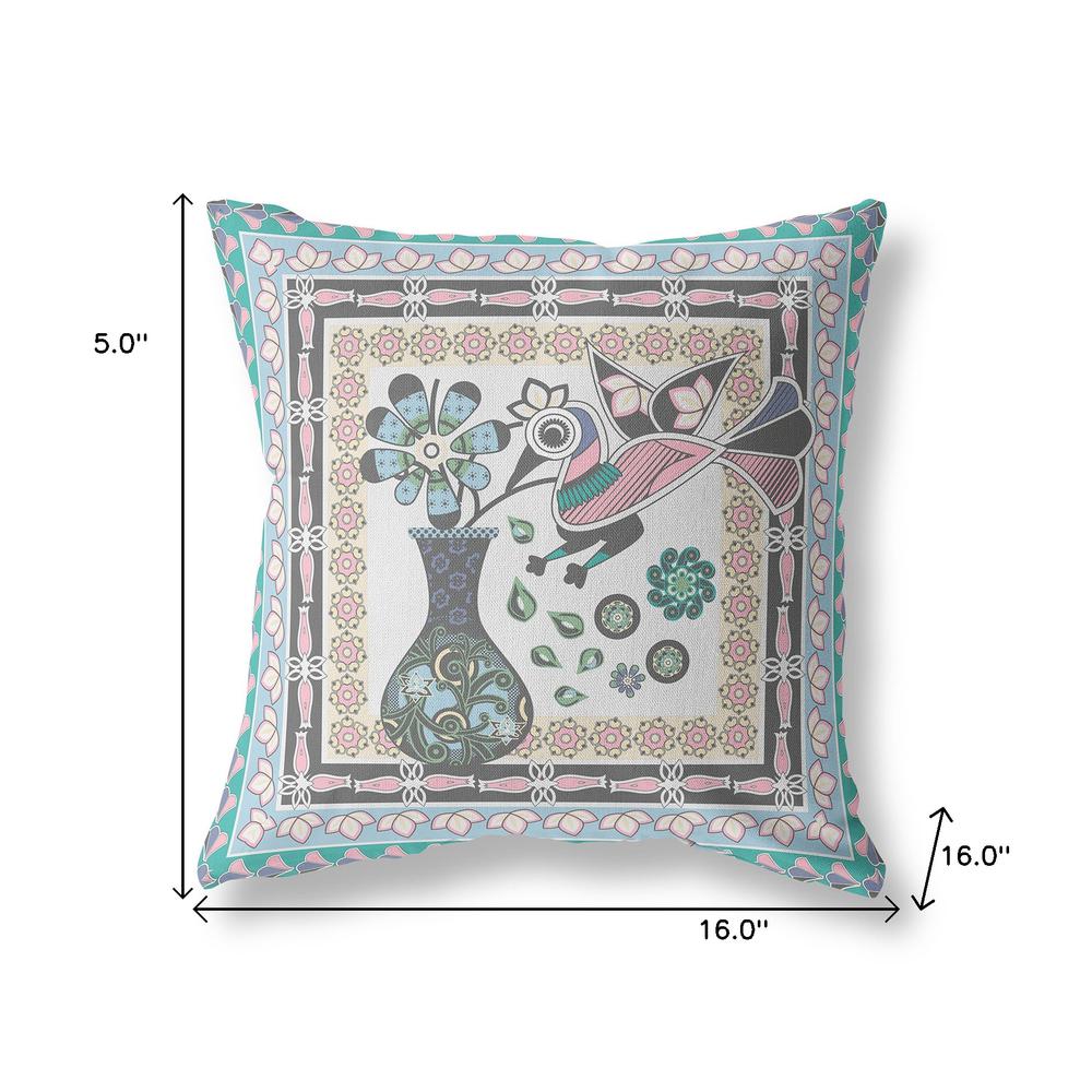 16" x 16" Gray Peacock Blown Seam Floral Indoor Outdoor Throw Pillow. Picture 7