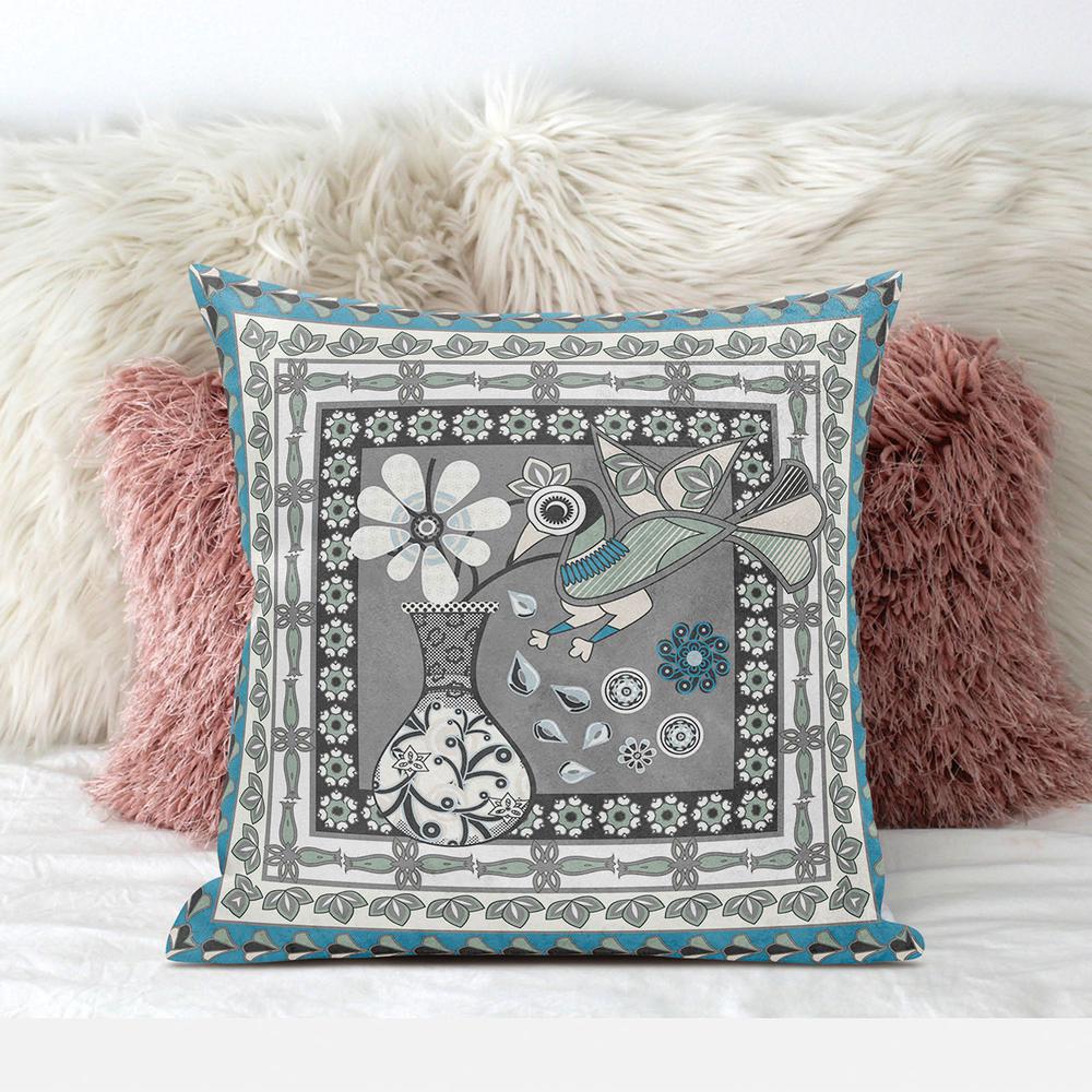 18" x 18" Gray and White Peacock Blown Seam Floral Indoor Outdoor Throw Pillow. Picture 3