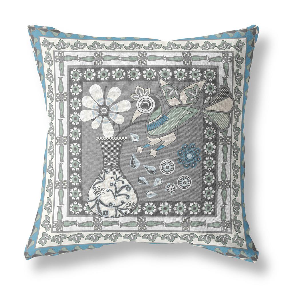 18" x 18" Gray and White Peacock Blown Seam Floral Indoor Outdoor Throw Pillow. Picture 1