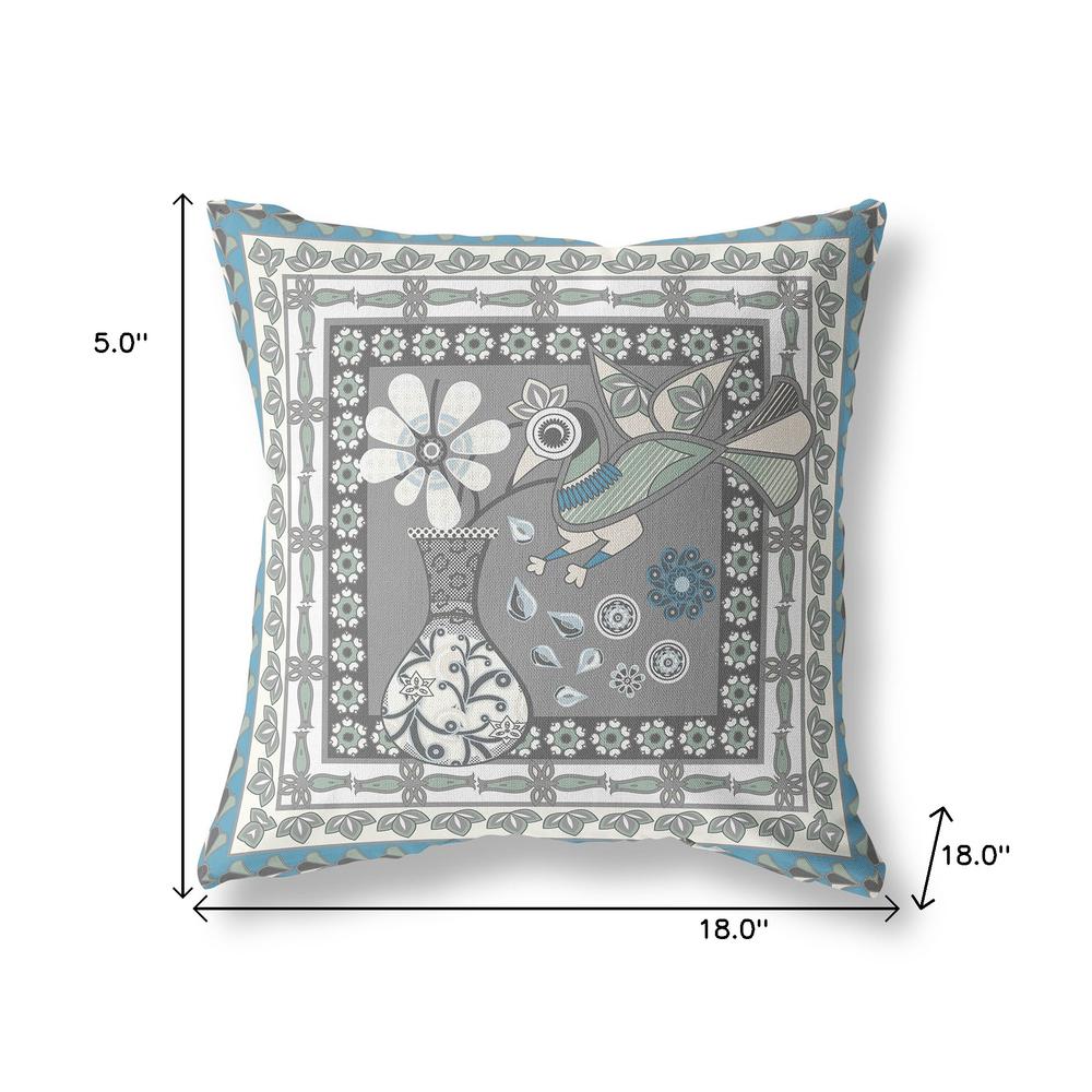 18" x 18" Gray and White Peacock Blown Seam Floral Indoor Outdoor Throw Pillow. Picture 7