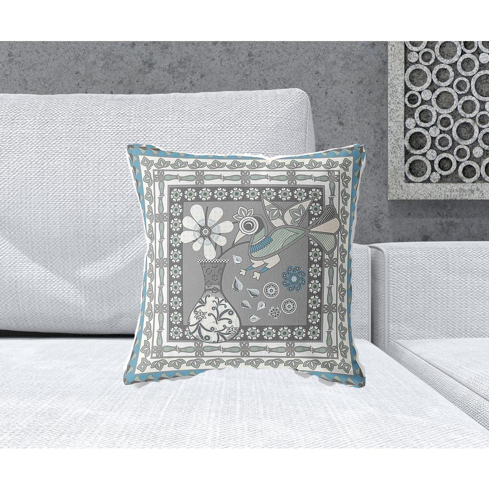 18" x 18" Gray and White Peacock Blown Seam Floral Indoor Outdoor Throw Pillow. Picture 2