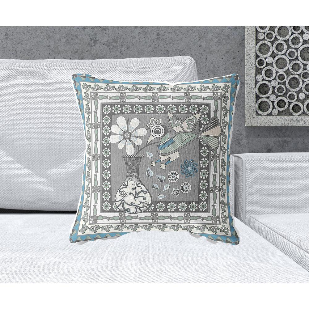 20" x 20" Gray and White Peacock Blown Seam Floral Indoor Outdoor Throw Pillow. Picture 2