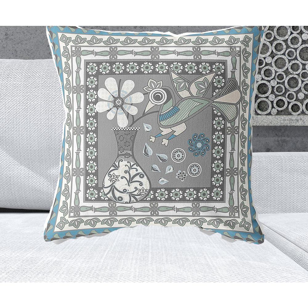 26" x 26" Gray and White Peacock Blown Seam Floral Indoor Outdoor Throw Pillow. Picture 2