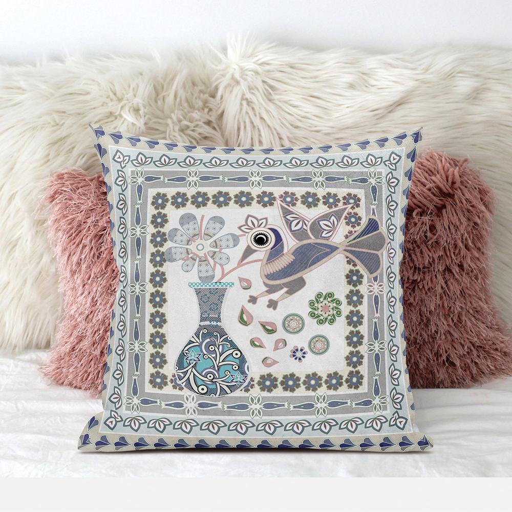 16" x 16" Gray Peacock Blown Seam Floral Indoor Outdoor Throw Pillow. Picture 3