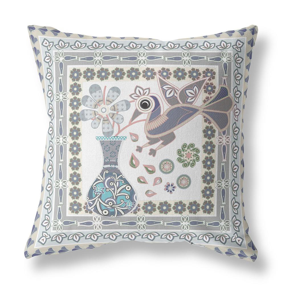 16" x 16" Gray Peacock Blown Seam Floral Indoor Outdoor Throw Pillow. Picture 1