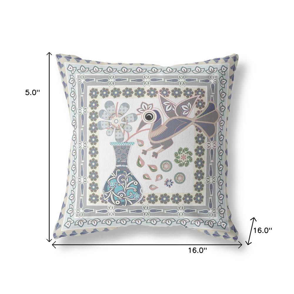 16" x 16" Gray Peacock Blown Seam Floral Indoor Outdoor Throw Pillow. Picture 7