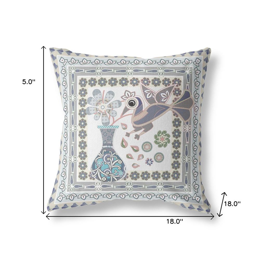 18" x 18" Gray Peacock Blown Seam Floral Indoor Outdoor Throw Pillow. Picture 7