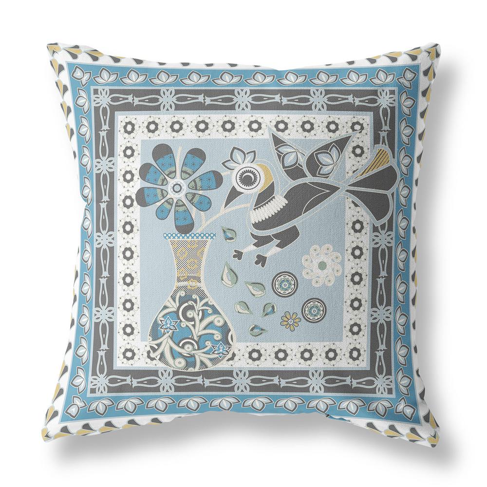 16" x 16" Blue and White Peacock Blown Seam Floral Indoor Outdoor Throw Pillow. Picture 1