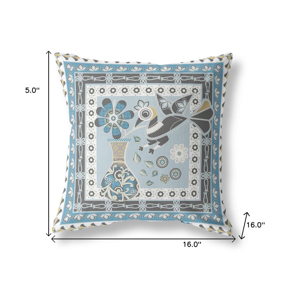 16" x 16" Blue and White Peacock Blown Seam Floral Indoor Outdoor Throw Pillow. Picture 7