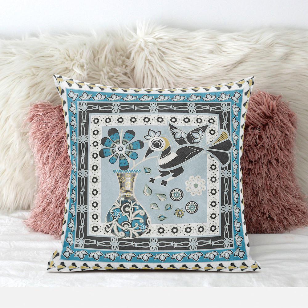20" x 20" Blue and White Peacock Blown Seam Floral Indoor Outdoor Throw Pillow. Picture 3
