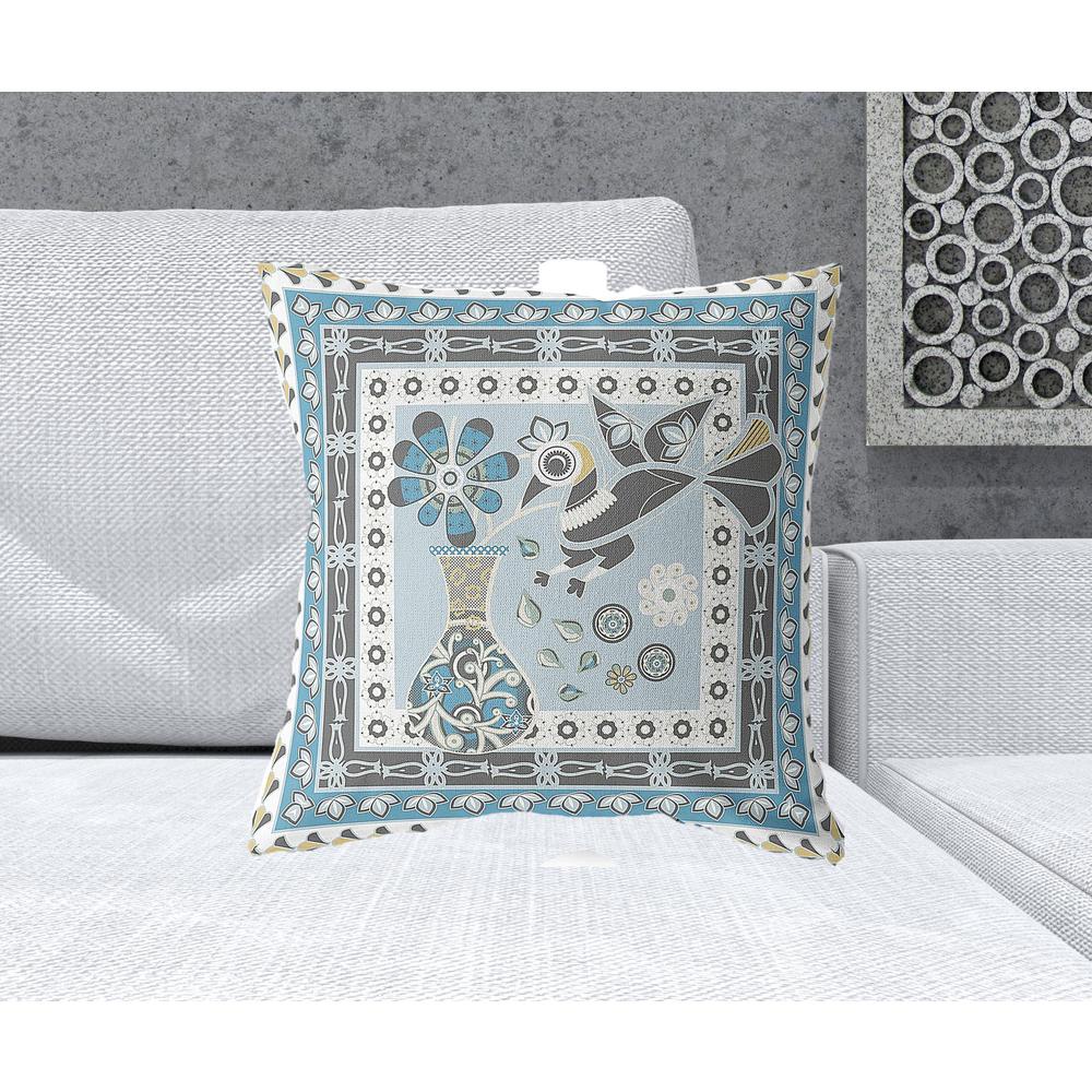 20" x 20" Blue and White Peacock Blown Seam Floral Indoor Outdoor Throw Pillow. Picture 2