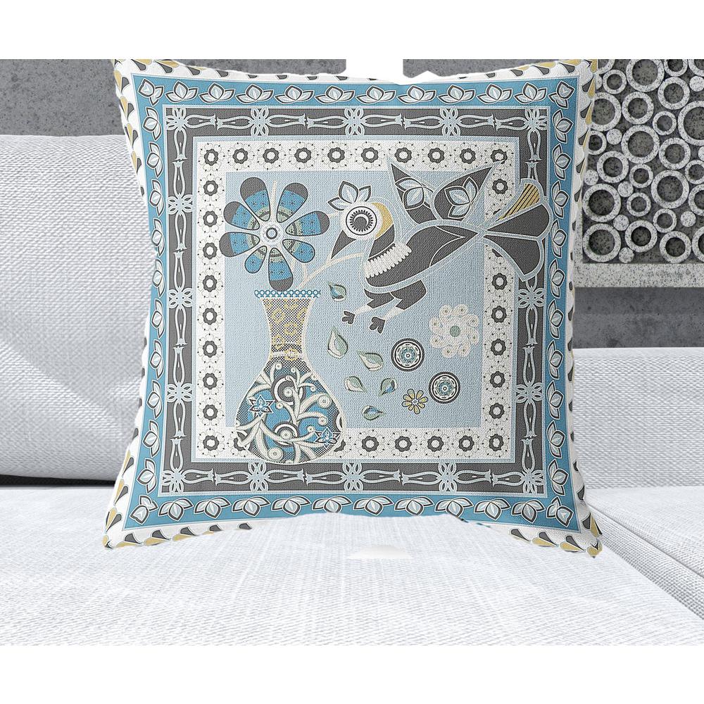 26" x 26" Blue and White Peacock Blown Seam Floral Indoor Outdoor Throw Pillow. Picture 2
