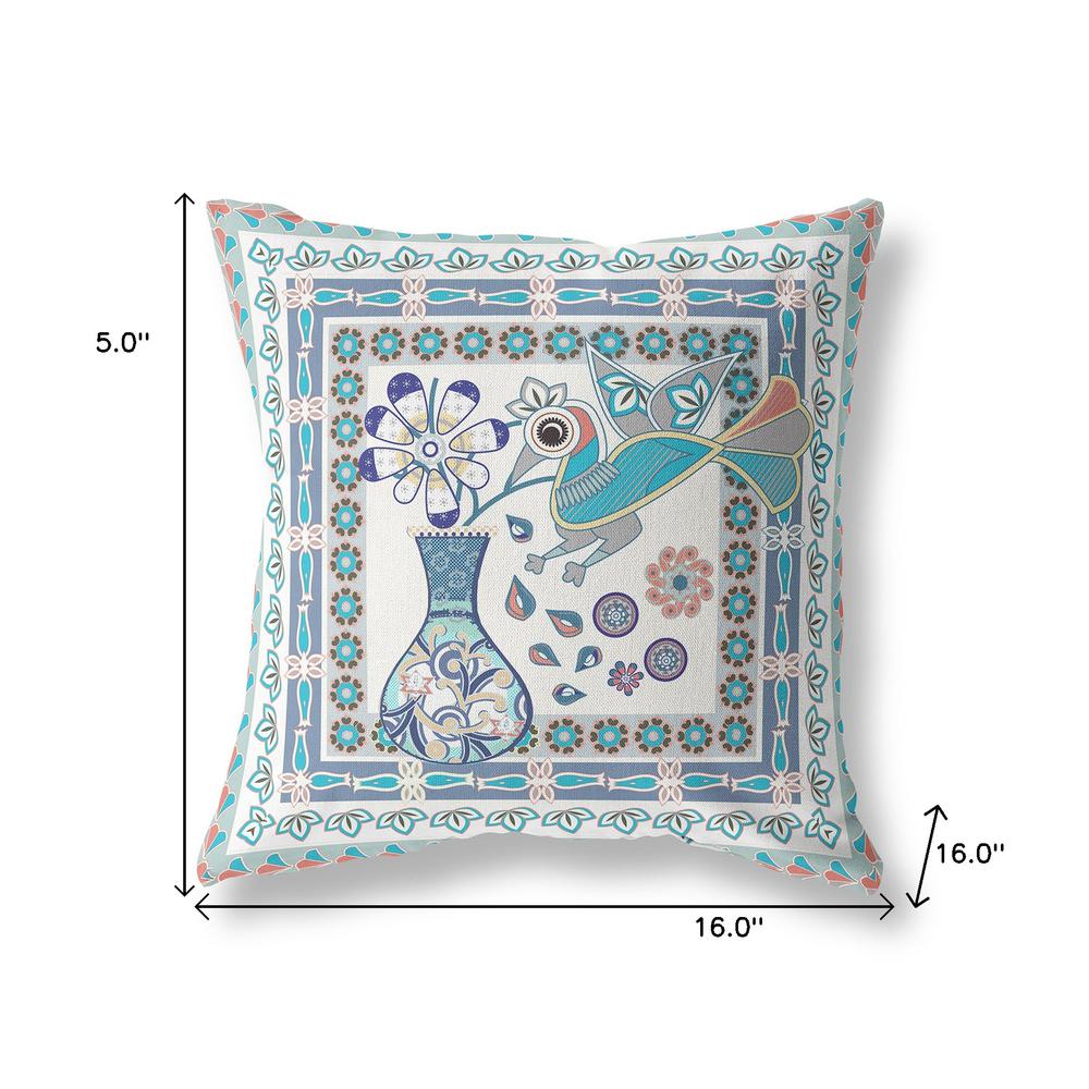 16" x 16" Off White Peacock Blown Seam Floral Indoor Outdoor Throw Pillow. Picture 7