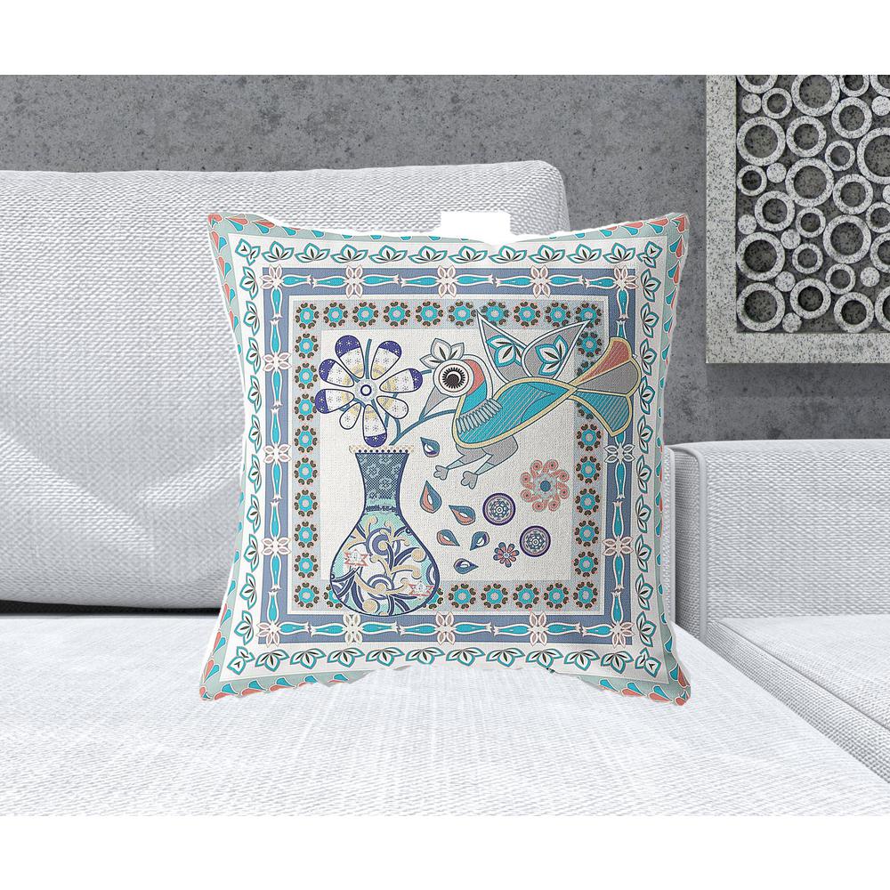 20" x 20" Off White Peacock Blown Seam Floral Indoor Outdoor Throw Pillow. Picture 2