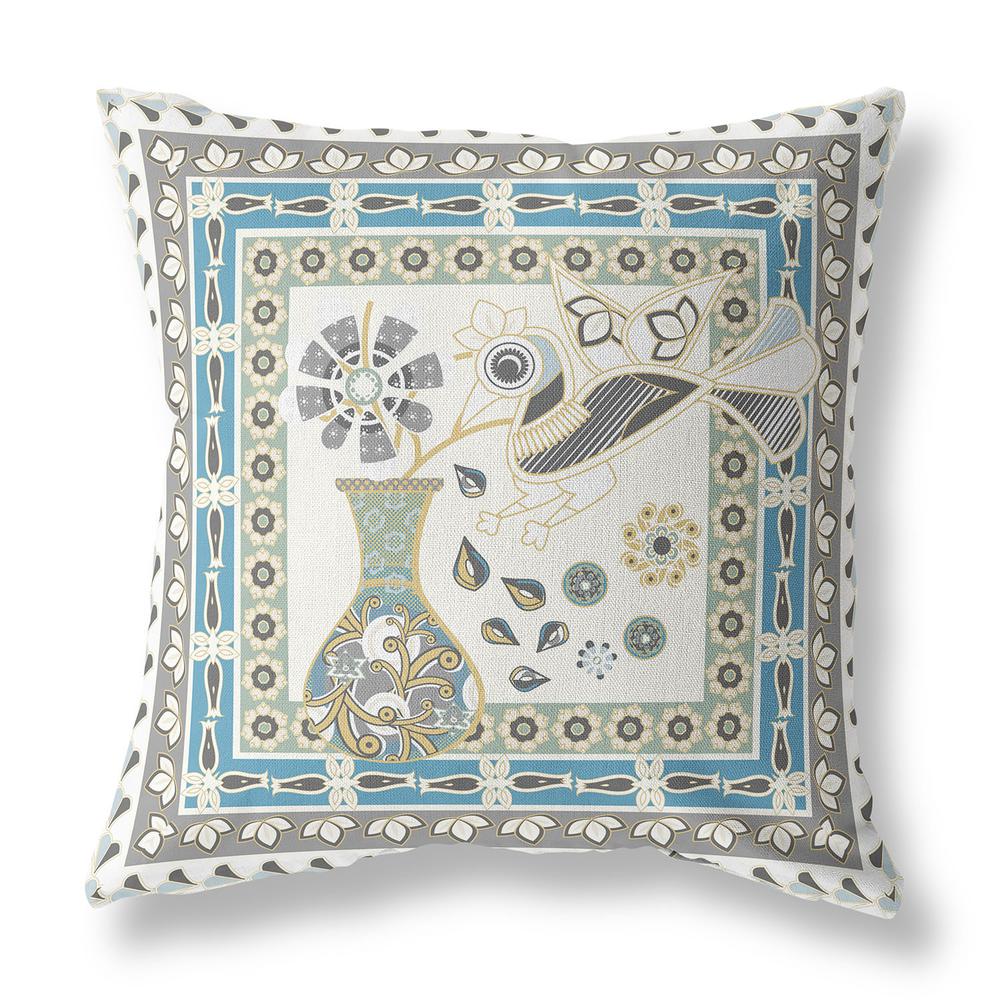 26" x 26" Off White Peacock Blown Seam Floral Indoor Outdoor Throw Pillow. Picture 1