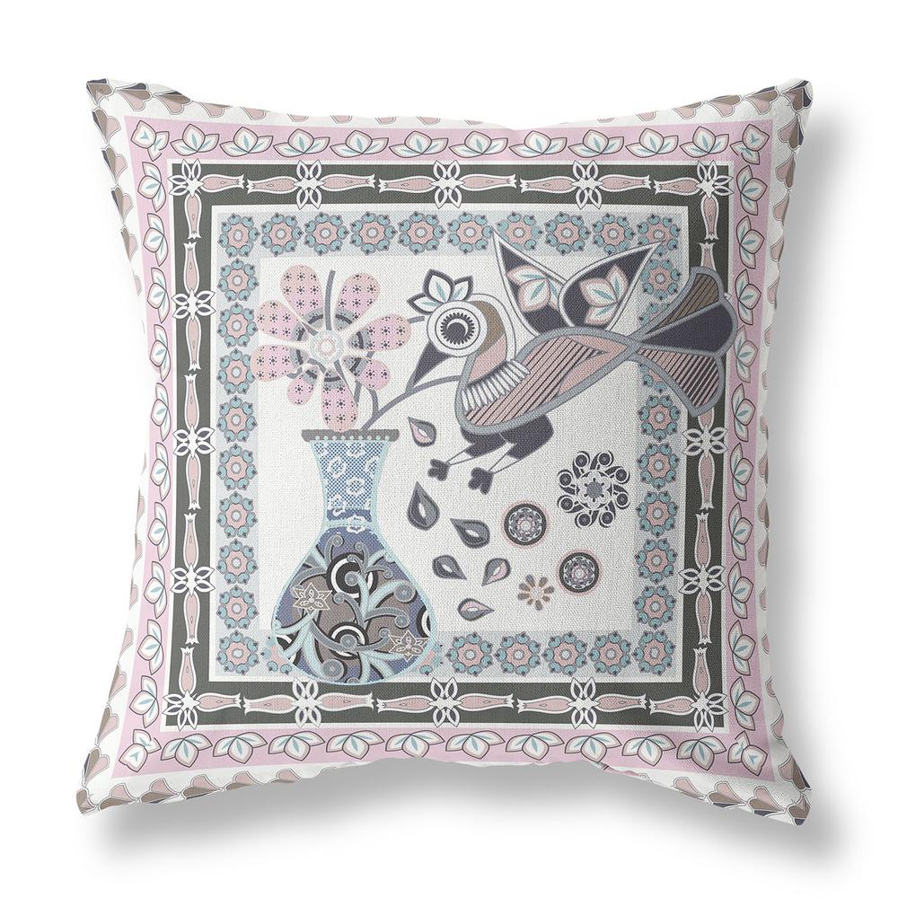 16" x 16" Pink and Grey Bird Blown Seam Abstract Indoor Outdoor Throw Pillow. Picture 1