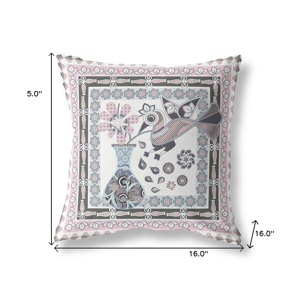 16" x 16" Pink and Grey Bird Blown Seam Abstract Indoor Outdoor Throw Pillow. Picture 7