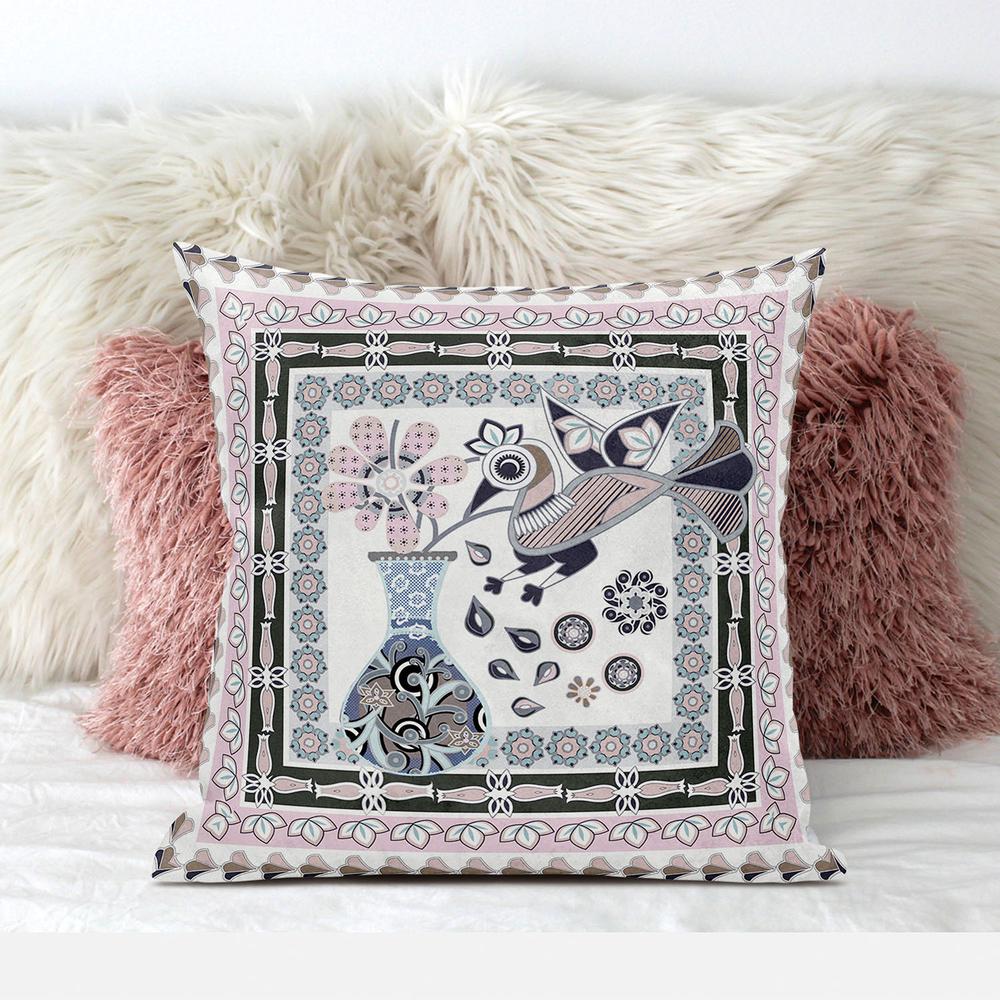 18" x 18" Pink and Grey Bird Blown Seam Floral Indoor Outdoor Throw Pillow. Picture 3