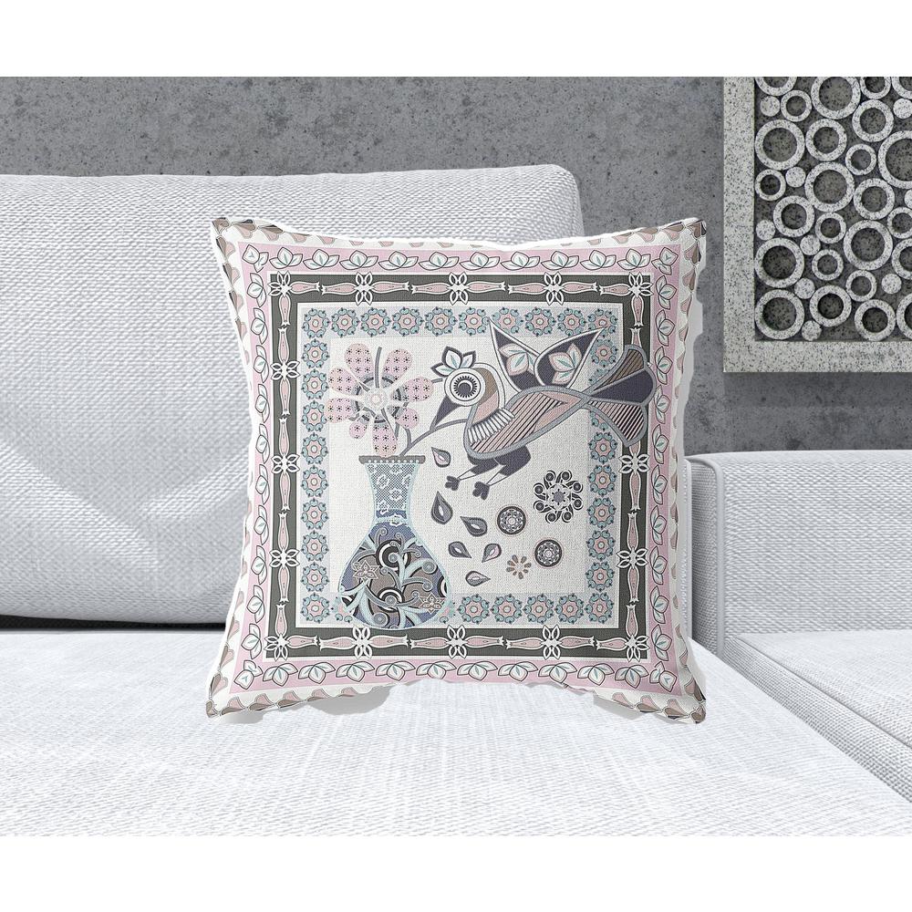 20" x 20" Pink and Grey Bird Blown Seam Floral Indoor Outdoor Throw Pillow. Picture 2