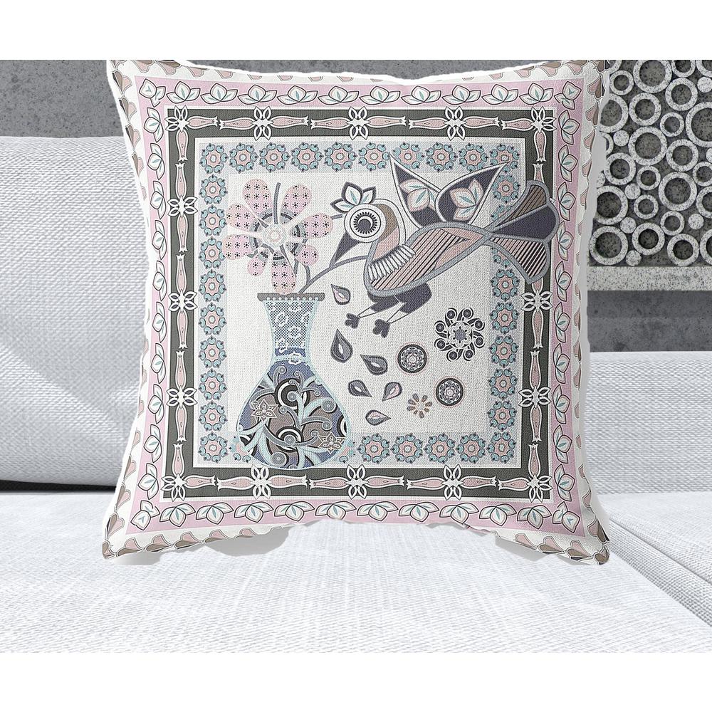 26" x 26" Pink and Grey Bird Blown Seam Floral Indoor Outdoor Throw Pillow. Picture 2