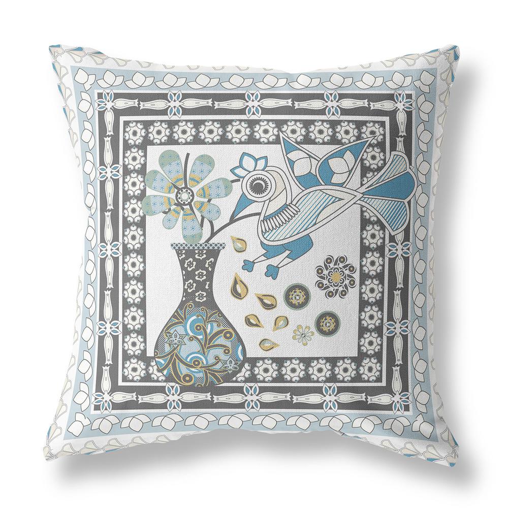 16" x 16" Blue and White Bird Blown Seam Abstract Indoor Outdoor Throw Pillow. Picture 1