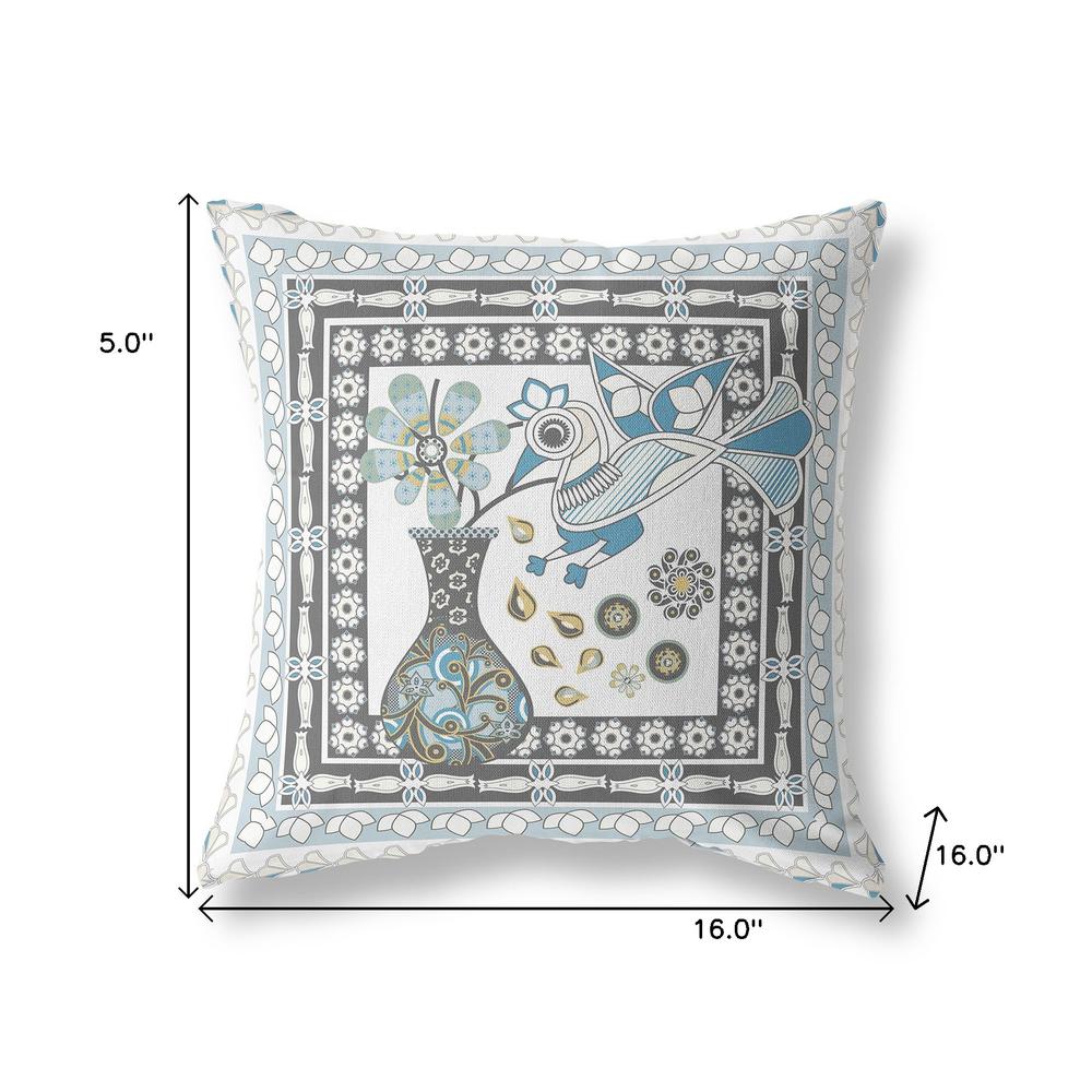 16" x 16" Blue and White Bird Blown Seam Abstract Indoor Outdoor Throw Pillow. Picture 7