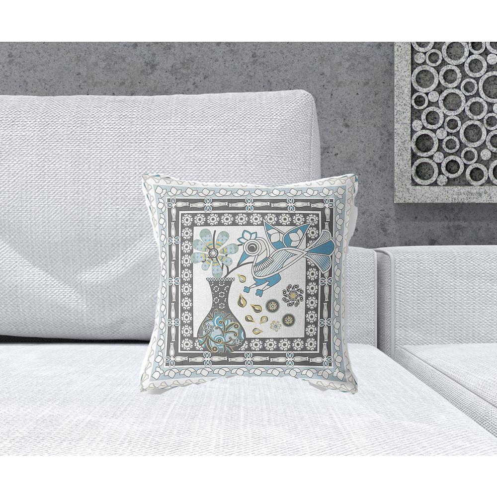 16" x 16" Blue and White Bird Blown Seam Abstract Indoor Outdoor Throw Pillow. Picture 2